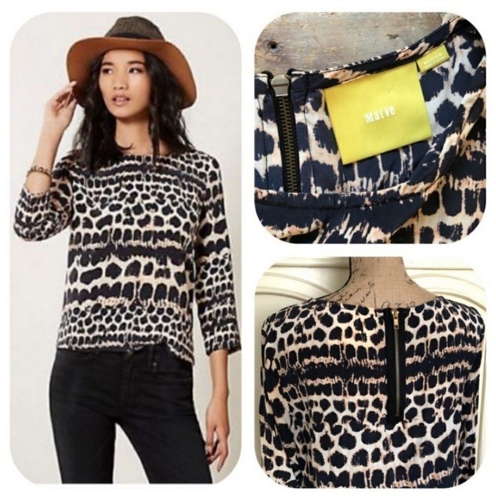 Anthro Maeve Linosa Animal Print Silk Blouse Md